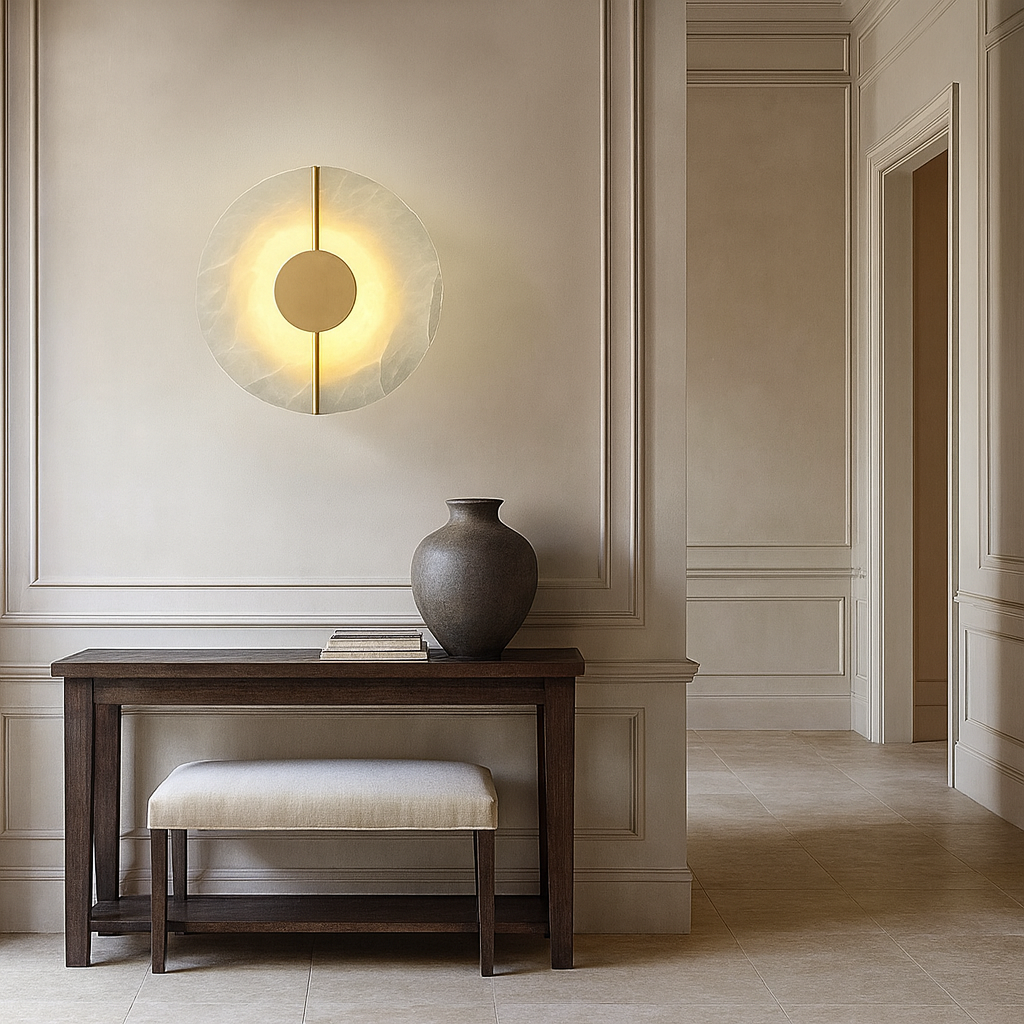 A minimalist interior with beige walls, a wooden console table, a ceramic vase, a book, a cushioned bench, and the Morsale Altura Marble Disc Wall Sconce emitting a warm glow. An open doorway leads to another room.