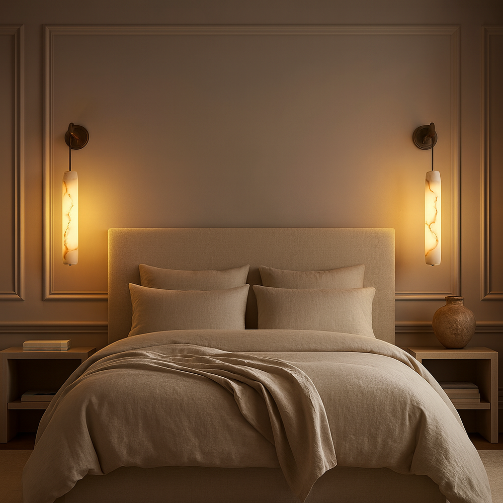 
                  
                    Neatly made bed with beige bedding in a bedroom setting with wall sconces.
                  
                
