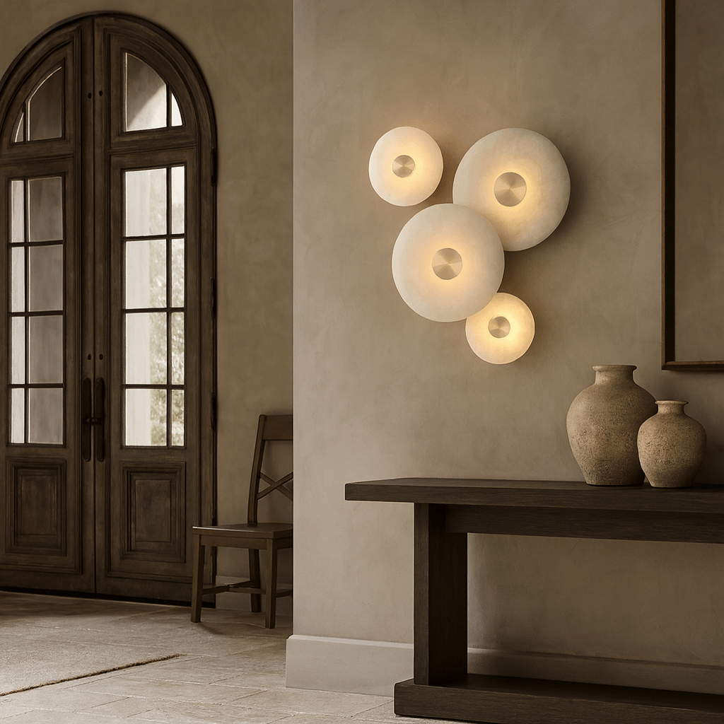 A minimalist entryway with a wooden door, chair, dark console table topped with ceramic vases, and the Solena Marble Disc Wall Sconce from Morsale.com—an elegant fixture with four softly glowing circles for a modern touch.
