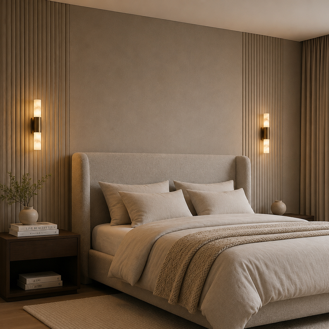 Modern bedroom with a bed, nightstands, and wall sconces.