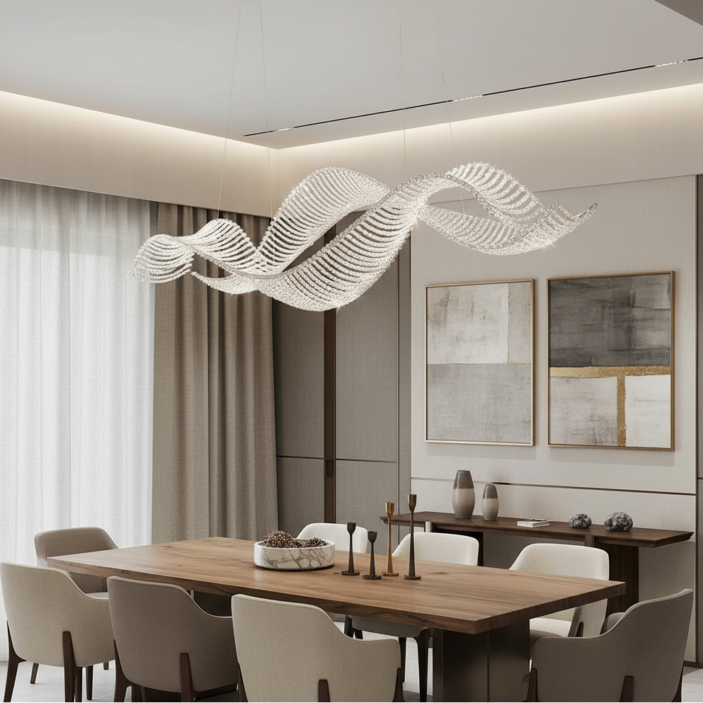
                  
                    A modern dining room with a wooden table, white cushioned chairs, abstract wall art, neutral curtains, and the striking Morsale Alleri Crystal Chandelier as a contemporary centerpiece.
                  
                