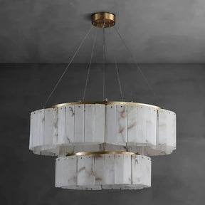 A modern lighting fixture hangs from the ceiling, featuring two tiers of rectangular, white, and slightly marbled glass panels. The panels are arranged in a circular fashion with copper accents supporting the gold metal frames. The 2-Tier Natural Marble Modern Chandelier from Morsale.com emits a sophisticated and elegant look.