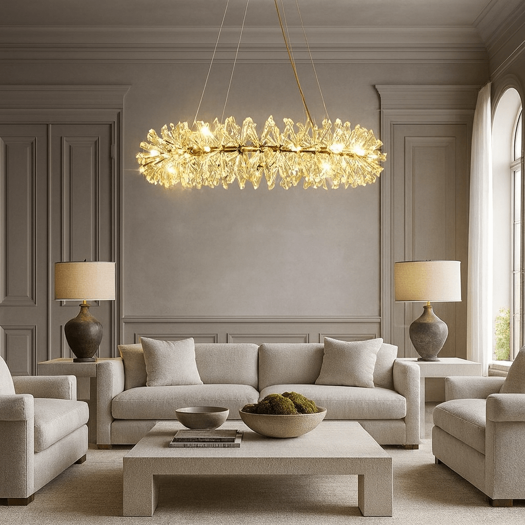 A luxurious living room with neutral sofas, matching armchairs, and a rectangular coffee table is illuminated by the Exton Crystal Chandelier from Morsale.com, its glowing crystal-like elements adding striking modern elegance to the space.