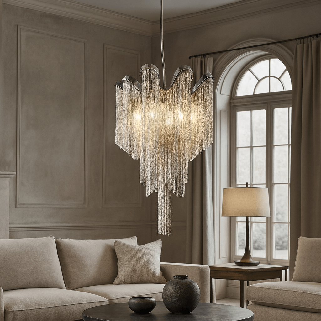 Elegant living room with a beige sofa, round coffee table with vases, a large arched window, and the Cadena French Empire Chandelier by Morsale.com as the ceiling light. A table lamp is placed on the side table.