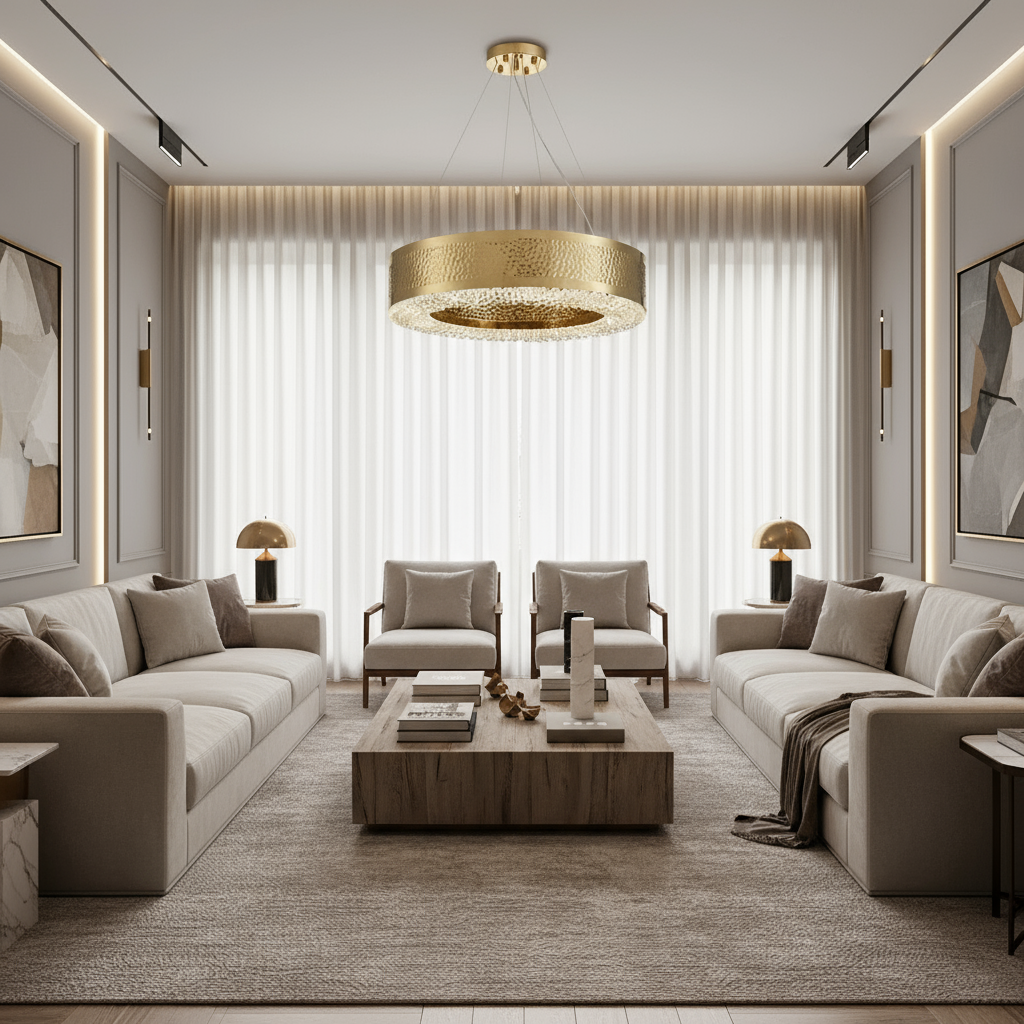 A modern living room features beige sofas, armchairs, a wooden coffee table, abstract wall art, gold lamps, and the Giovanni Modern Chandelier by Morsale.com. Sheer curtains on tall windows and neutral tones give the space an elegant feel.