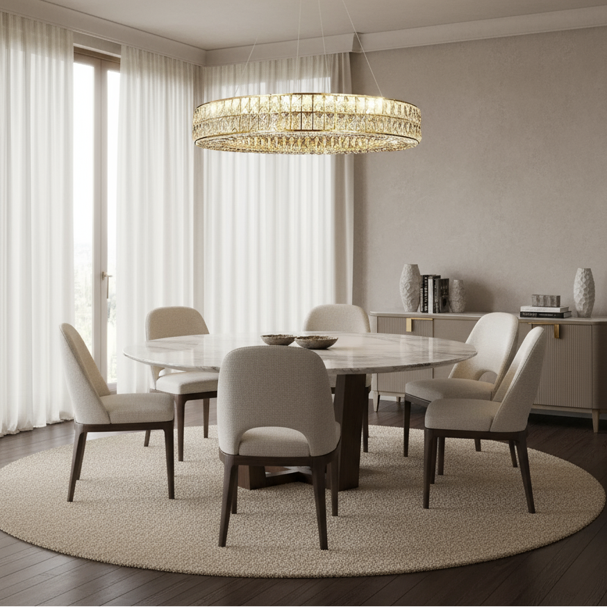 A modern dining room features a round marble table with six upholstered chairs on a circular beige rug, beneath the elegant Hutton Crystal Chandelier by Morsale. Sheer curtains cover tall windows, and a sideboard displays vases and books.
