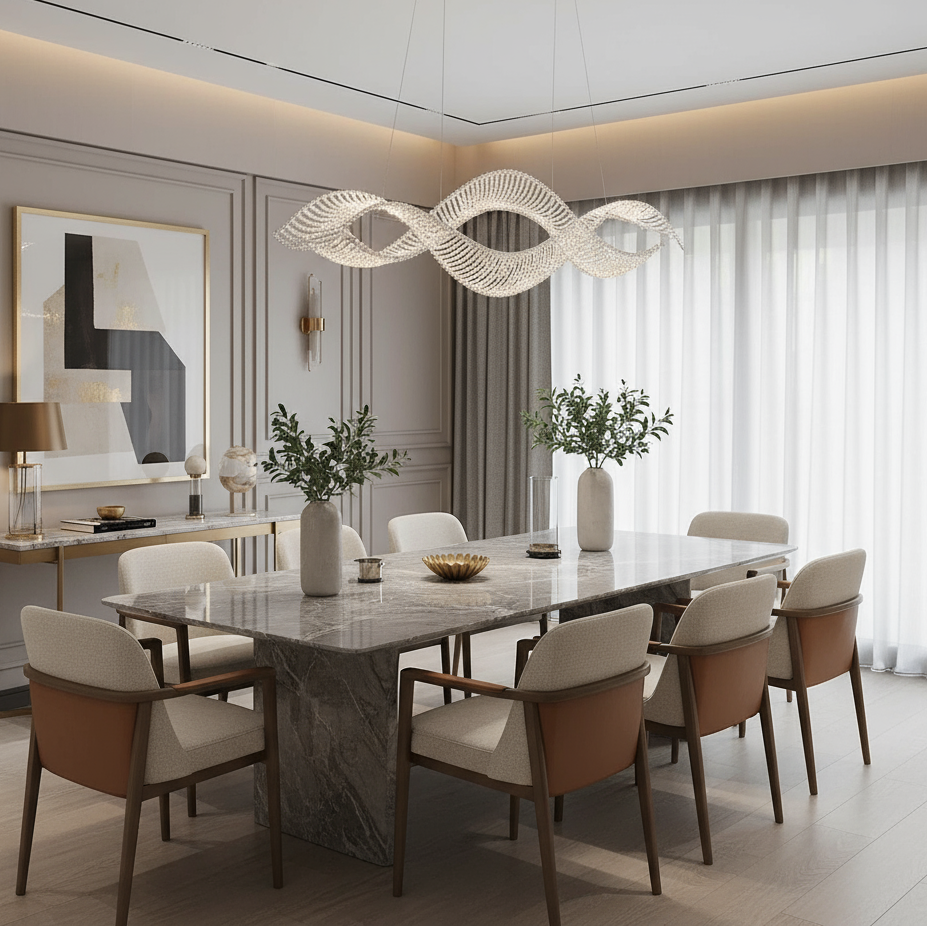 Modern dining room with a marble table, eight upholstered chairs, minimalist decor, potted plants, and the striking Alleri Crystal Chandelier by Morsale. Large windows with sheer curtains let natural light brighten the elegant space.