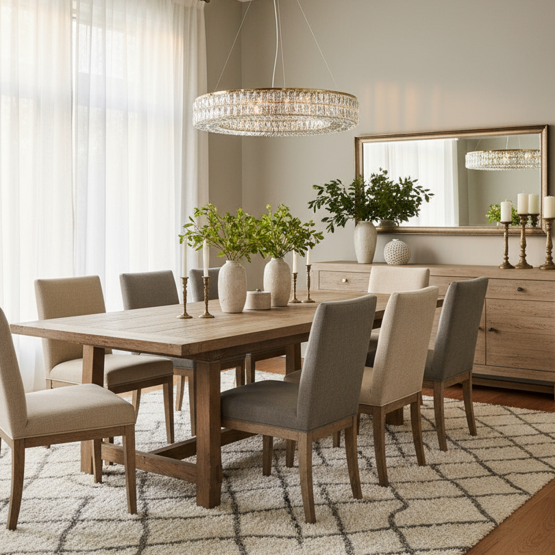 
                  
                    A modern dining room with a wooden table, six beige upholstered chairs, a patterned rug, sideboard with decor, large mirror, and a sparkling Tuscany Modern Chandelier by Morsale.com. Sunlight streams through sheer white curtains.
                  
                