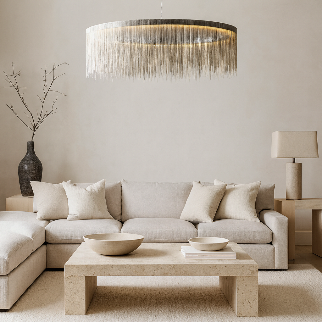A modern living room with a beige sectional sofa, light wood coffee table, ceramic bowls, a large vase with branches, table lamp, and the Cadena Modern Chandelier by Morsale.com. The decor highlights neutral, earthy tones.