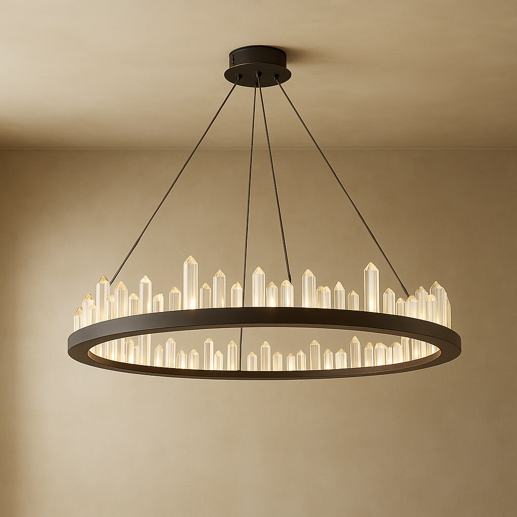 Modern chandelier with crystal-like design on a beige wall background