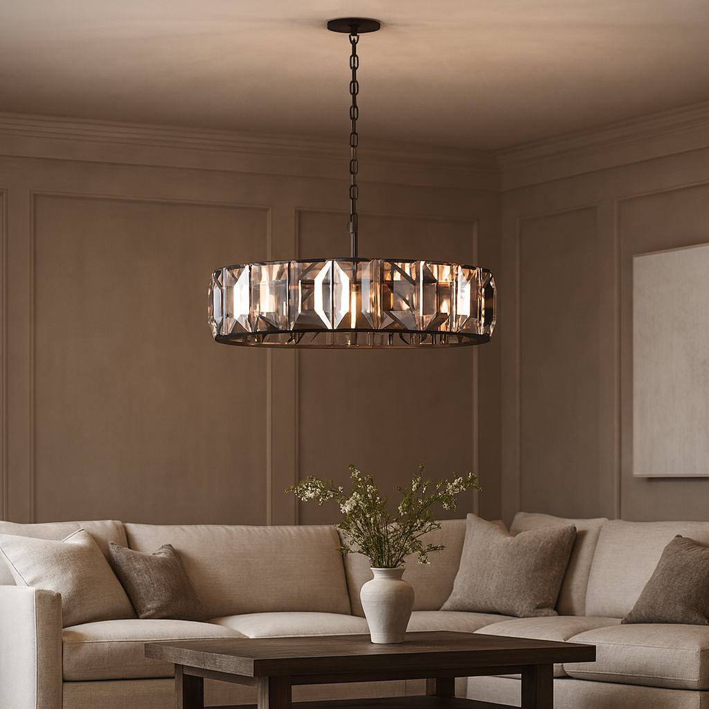 A modern living room with a beige sectional, neutral throw pillows, a square wooden coffee table with greenery, and the luxurious Brookhill Crystal Chandelier by Morsale.com illuminating from above.