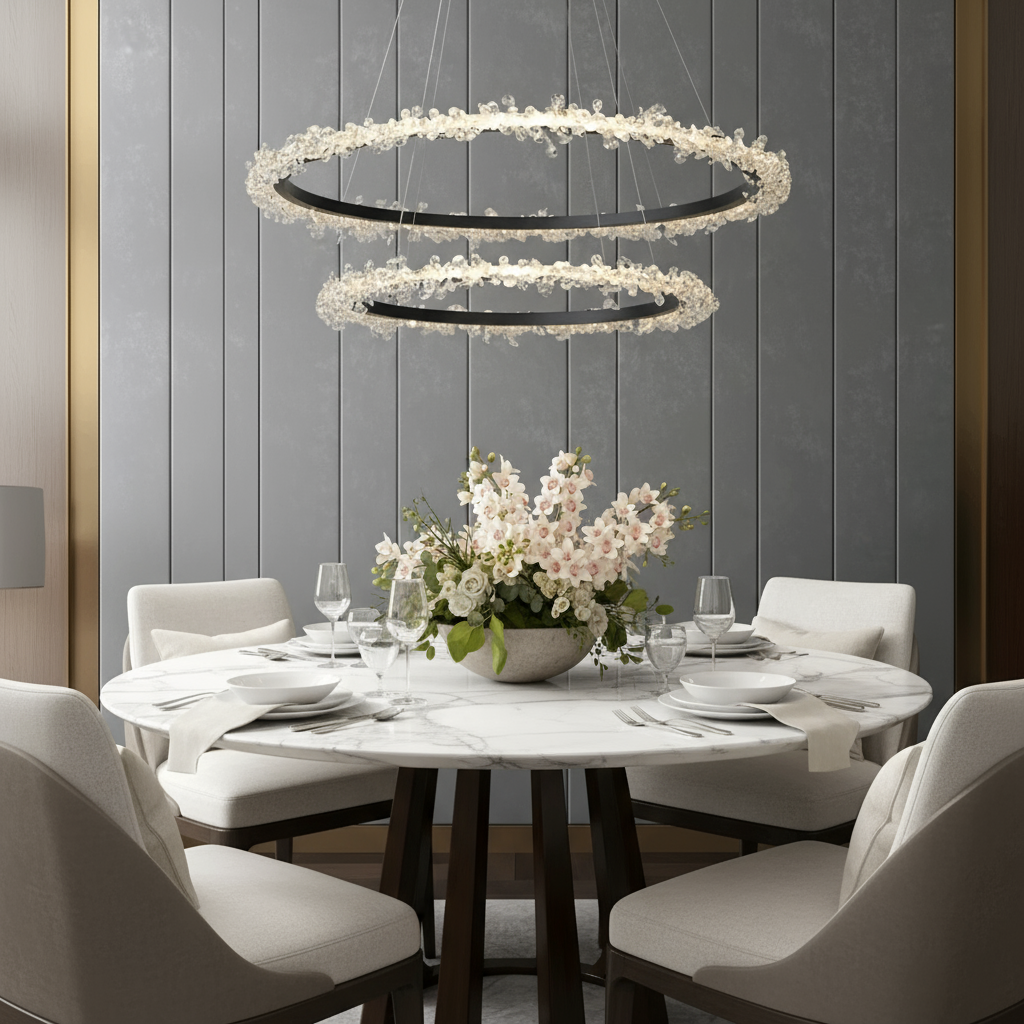A round marble dining table set for four with white upholstered chairs, a floral centerpiece, and the Capri 2-Tier Crystal Ring Chandelier by Morsale.com hanging above in a modern, gray-paneled dining room.