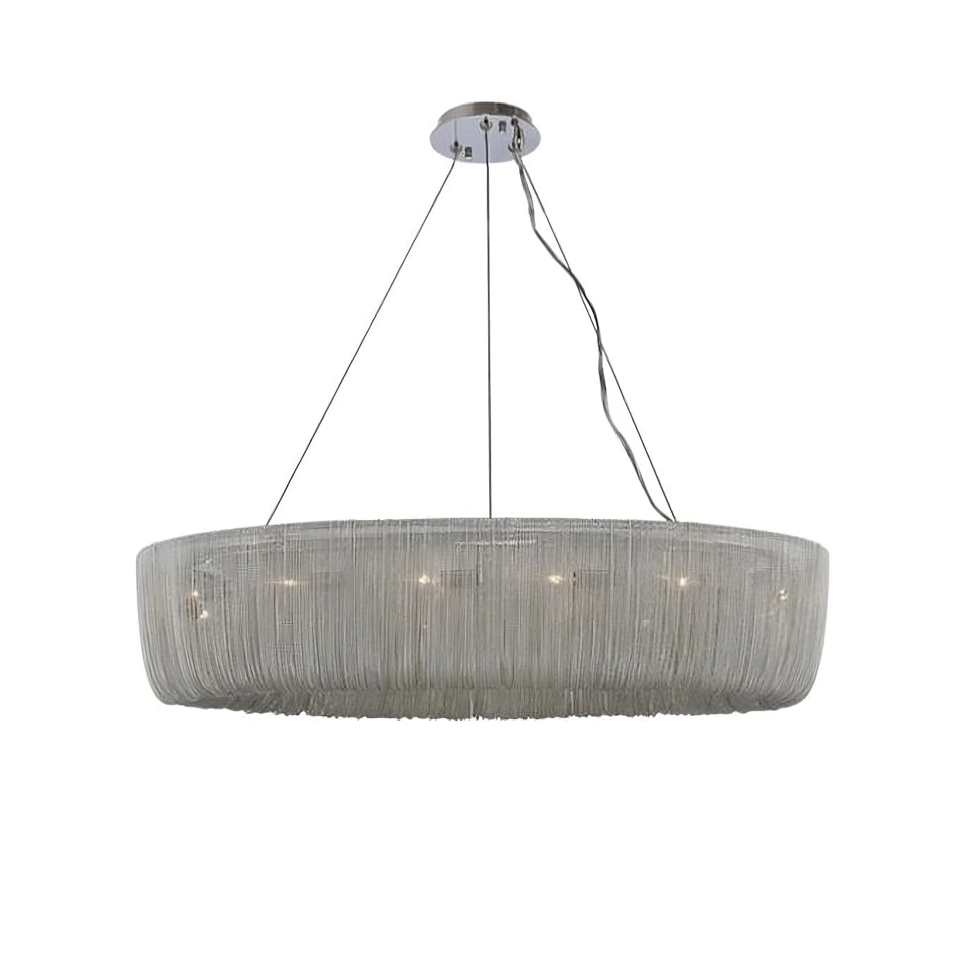 The Cadena Chain Tassel Chandelier Light from Morsale.com is a modern, oval-shaped pendant fixture with a transparent, textured shade, elegantly suspended by three thin cables. This sleek, contemporary chandelier features several small lights inside and offers an adjustable height for versatile installation.