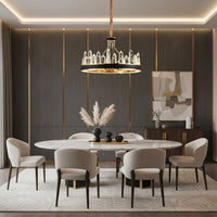 The Villa Crystal Chandelier by Morsale.com features a circular black and gold frame with clear quartz-like crystals, suspended by a twisted rope and set against a dark textured background.