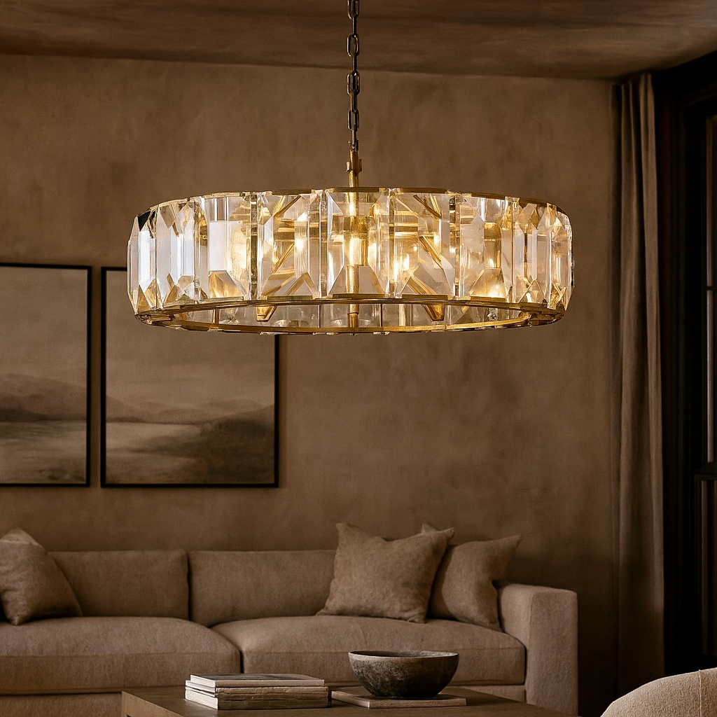The Brookhill Crystal Chandelier by Morsale.com adds luxurious lighting to the neutral-toned living room, complementing a beige sofa, throw pillows, abstract wall art, and a chic coffee table.
