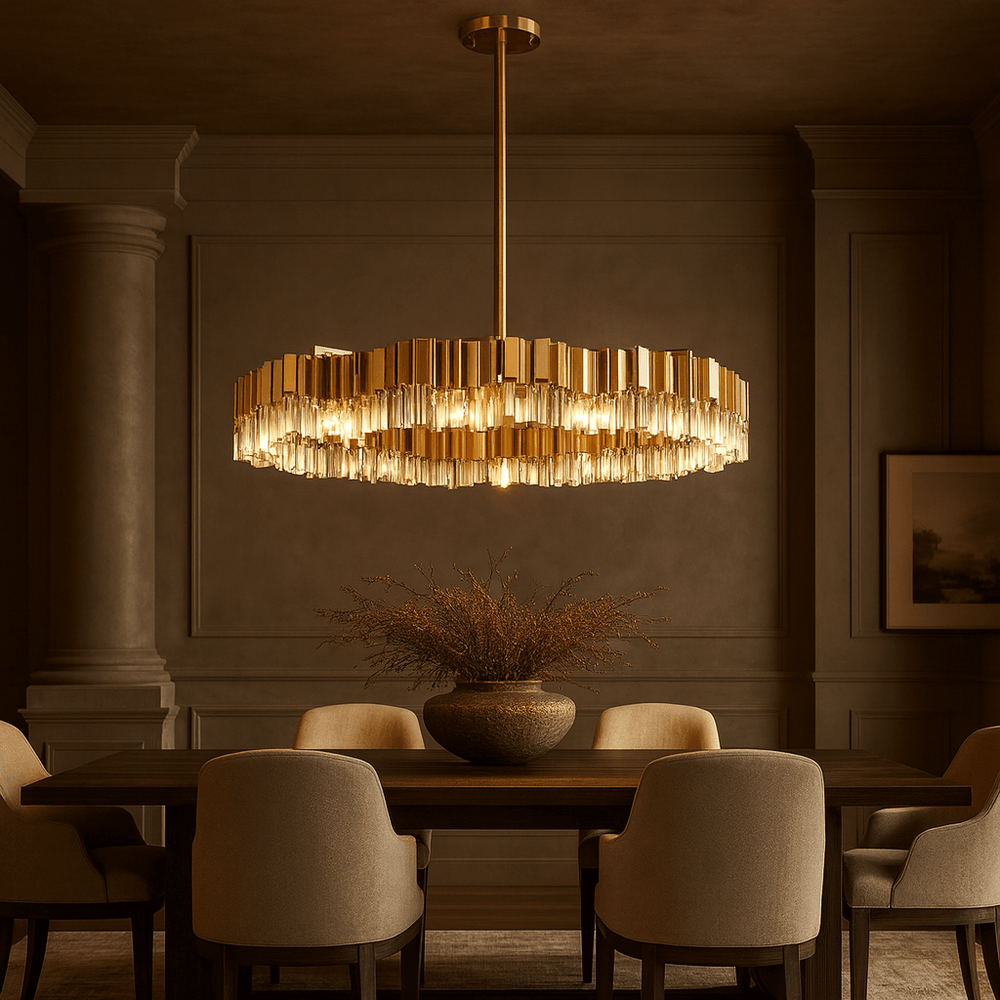 A luxurious dining room features beige chairs, a dark wood table with a vase of dried branches, and the Milano 39" Crystal Modern Chandelier from Morsale.com overhead, filling the space with warm, sophisticated light.