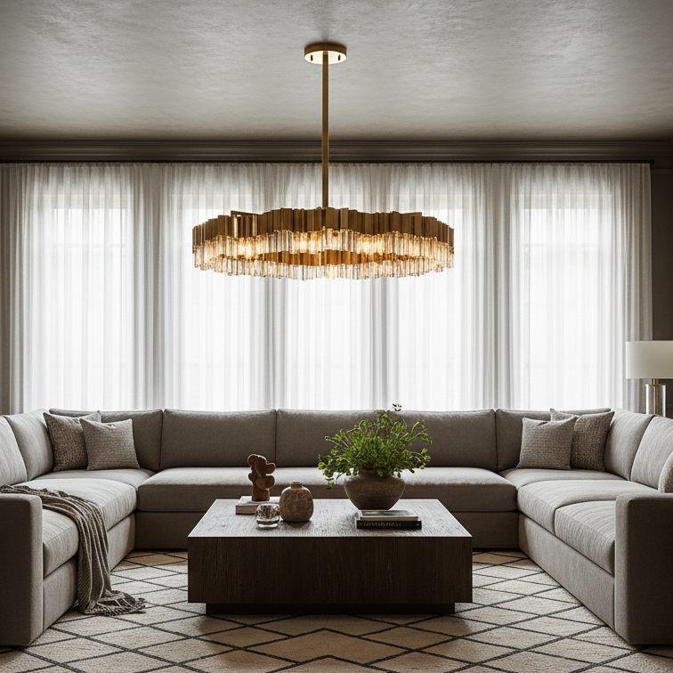 Elegant living room featuring a large U-shaped beige sectional, wooden coffee table, decorative plants, gold accents, and the Milano 39" Crystal Modern Chandelier by Morsale.com. Tall windows with sheer curtains invite natural light.