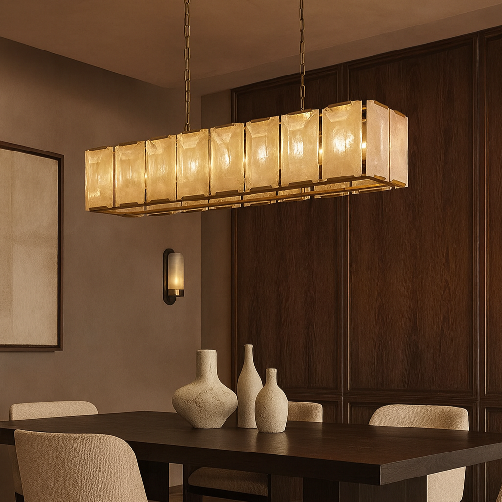 A modern dining room features the Brookhill Calcite Dining Chandelier by Morsale.com, with a gold frame and glowing panels above a dark wood table, cream upholstered chairs, minimalist ceramic vases, and wood-paneled walls.
