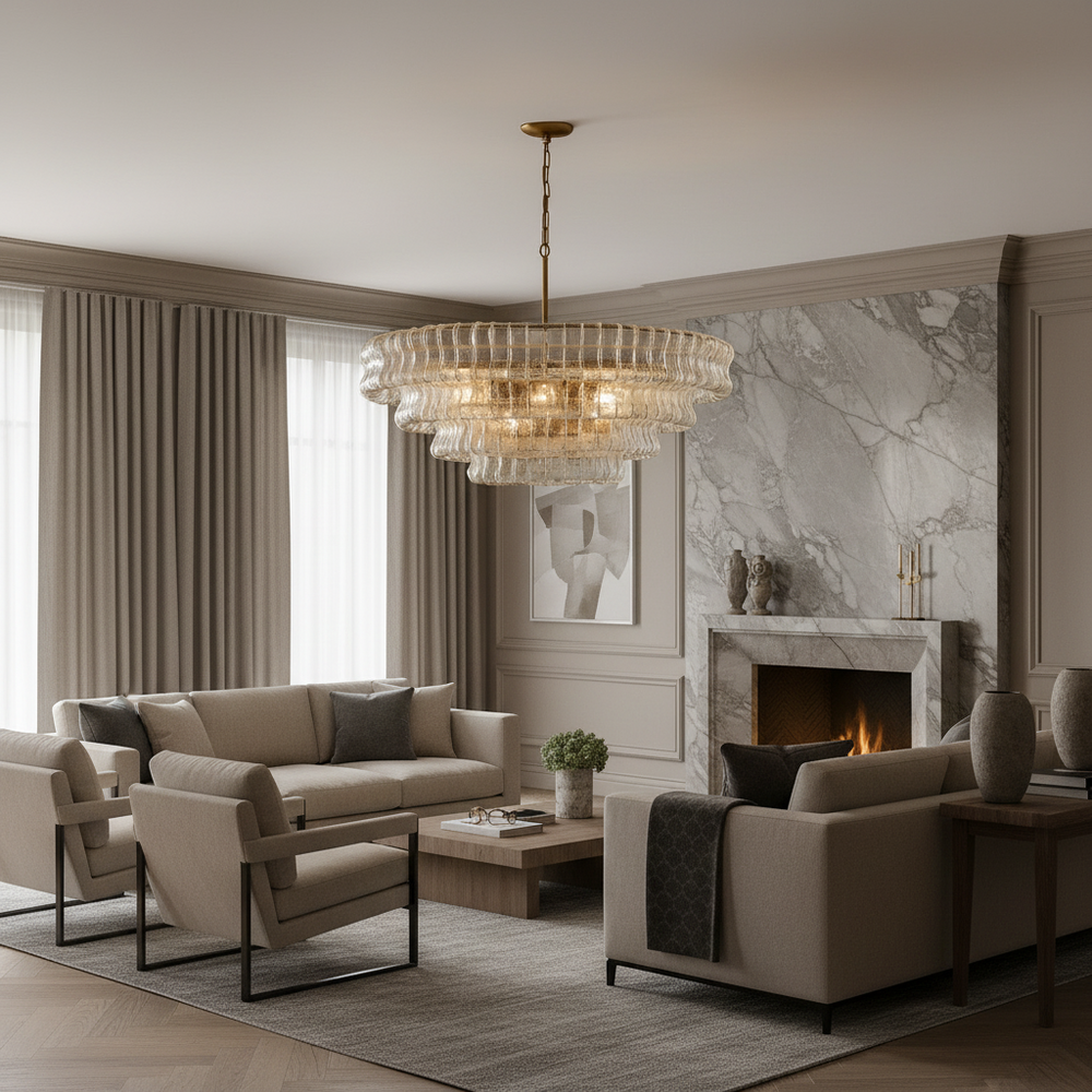 A modern living room with beige sofas, a marble fireplace, neutral curtains, a wooden coffee table, and the Riviera Modern Chandelier by Morsale featuring handcrafted French glass for a cozy, elegant ambiance.