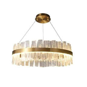 The Ariano Modern Chandelier by Morsale.com features a circular frame with a gold electroplated finish, adorned with vertical, rectangular crystal pieces that diffuse light from an LED light source to create a sparkling effect. Silver cables attach the chandelier to a round ceiling mount.