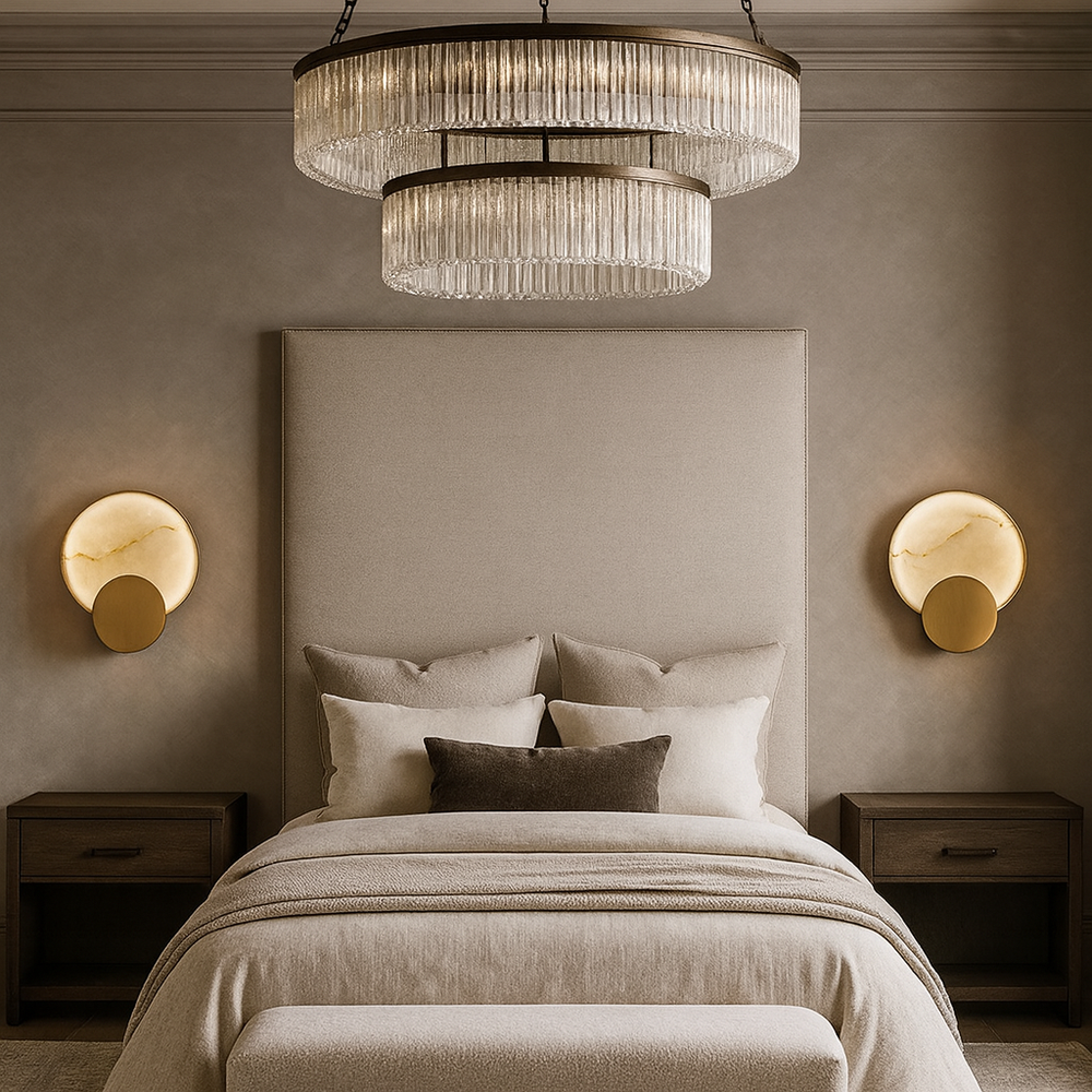 
                  
                    A modern bedroom showcases a tall upholstered headboard, layered bedding, two wooden nightstands, elegant Barley Marble Sconces from Morsale.com, and a large tiered chandelier above the bed.
                  
                