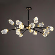 Introducing the Diamante Crystal Branch Chandelier in Black by Morsale.com, this modern lighting fixture features a sleek black metal frame with branching arms adorned with multiple faceted glass shades that resemble crystal cubes. Equipped with LED bulbs, it casts a warm, elegant glow on your plain gray ceiling.