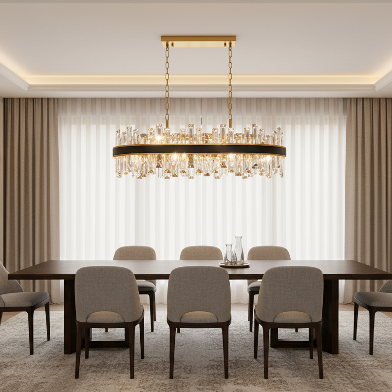 A modern dining room with a dark wood table, eight upholstered chairs, a glass decanter set, and the Calvi Modern Dining Room Chandelier by Morsale.com, all framed by floor-length beige curtains and sheer white drapes.