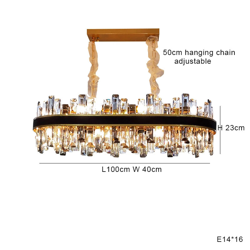 The Calvi Modern Dining Room Chandelier from Morsale.com features a rectangular design with crystal accents and a gold-toned frame, boasting dimensions of 100cm length, 40cm width, and 23cm height. This exquisite piece, crafted from high-quality materials, includes an adjustable 50cm hanging chain and accommodates 16 E14 bulbs.