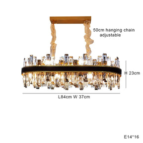 The **Calvi Modern Dining Room Chandelier** is a rectangular crystal chandelier with dimensions of 84cm in length, 37cm in width, and 23cm in height. It features 16 E14 bulbs, high-quality materials, and a 50cm adjustable hanging chain. The luxurious design includes elegant hanging crystal pieces. **Morsale.com** offers this exquisite piece to elevate the ambiance of your dining room.