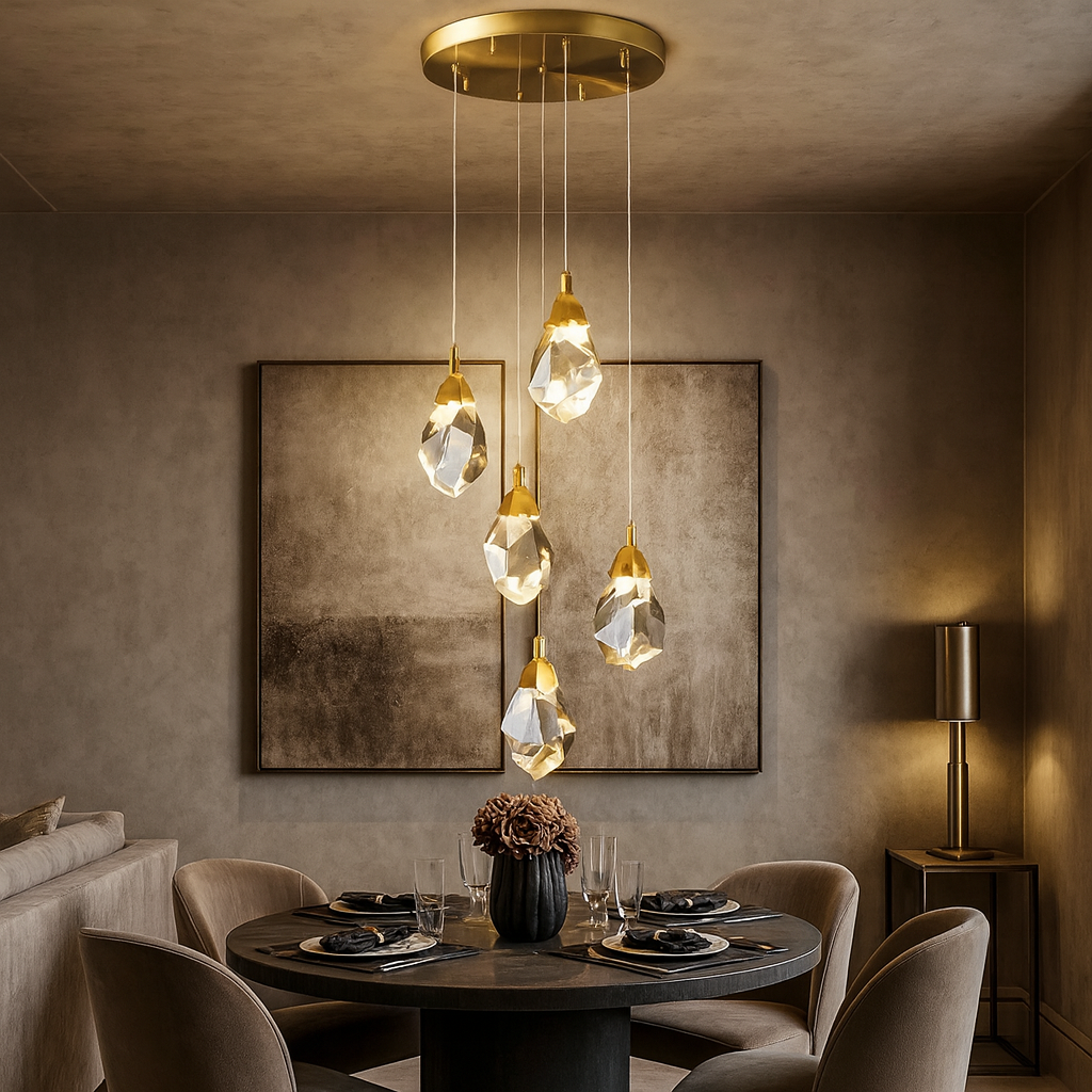 A modern dining room with a round black table for four, beige upholstered chairs, abstract wall art, and the Diamante Crystal Pendant Light by Morsale.com shining above, plus a gold table lamp on a side table in the background.