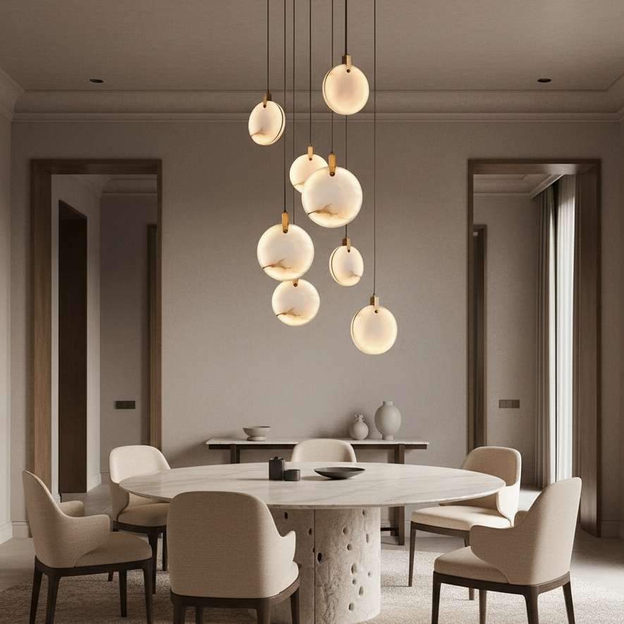 
                  
                    Modern dining room with a round table and pendant lights.
                  
                