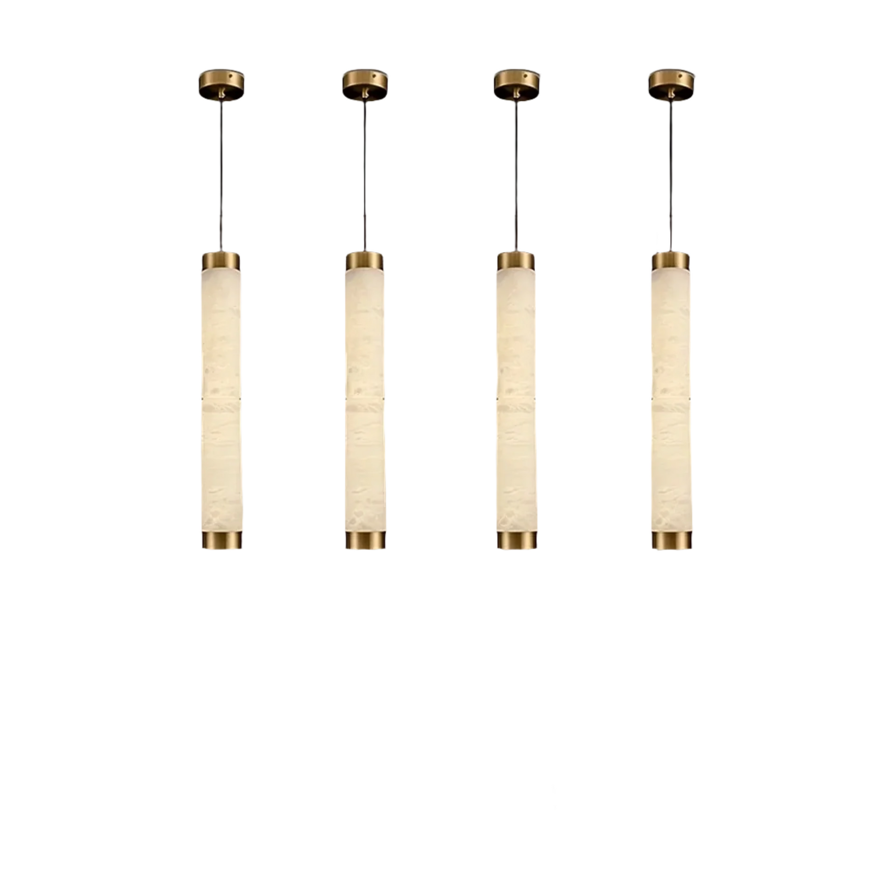 Four 23" Natural Marble Pendant Lights from Morsale.com with beige fabric shades and brass accents are suspended in a straight line. Featuring a unique design, these dimmable LED lights hang from black cords attached to small, round brass ceiling mounts against a white background.