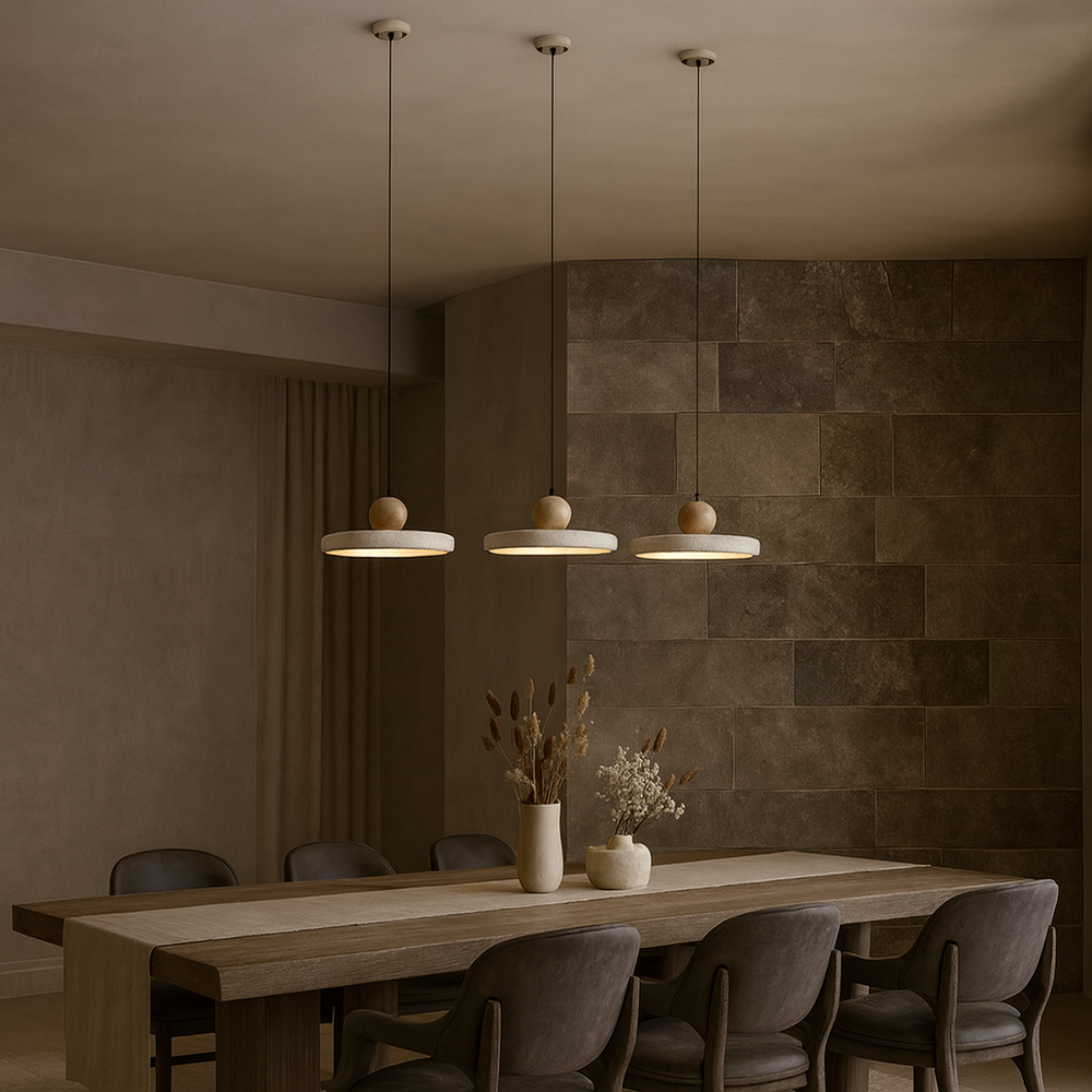 A modern dining room features a long wooden table, dark chairs, and three Avelina Travertine Pendants from Morsale.com above. Decorative vases with dried plants complement the textured brown and beige tiled walls.