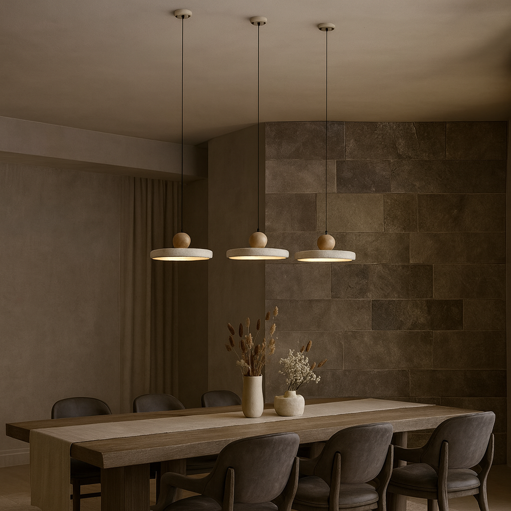 A modern dining room features a long wooden table, dark chairs, and three Avelina Travertine Pendants from Morsale.com above. Decorative vases with dried plants complement the textured brown and beige tiled walls.