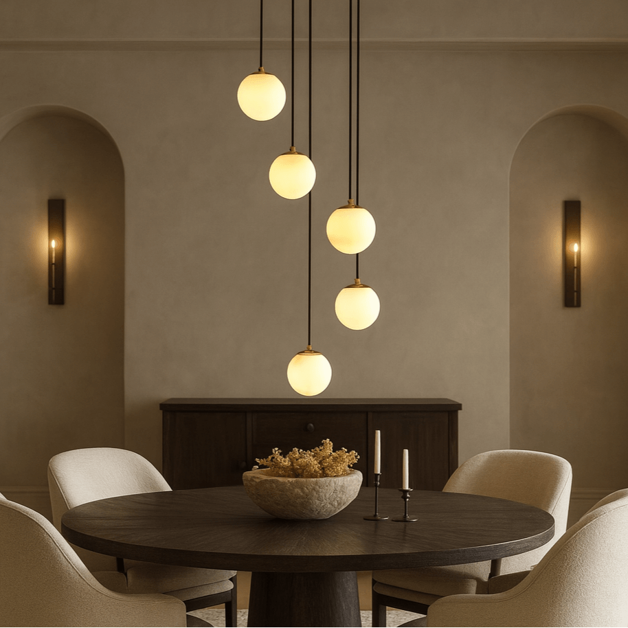 A modern dining room features a round dark wood table, four upholstered chairs, candles, a dried flower bowl, and five Morsale Brighton Marble Chandeliers. The beige walls have two sconces and elegant arched alcoves.