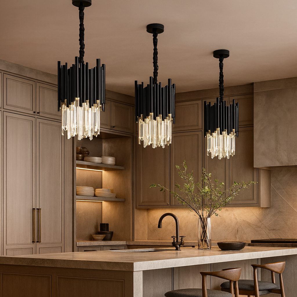 A modern kitchen features light wood cabinets, a beige island countertop, black faucet, and two dark chairs. Three Morsale.com Vigo Crystal Round Chandelier 12" lights add style, while open shelves display dishes.