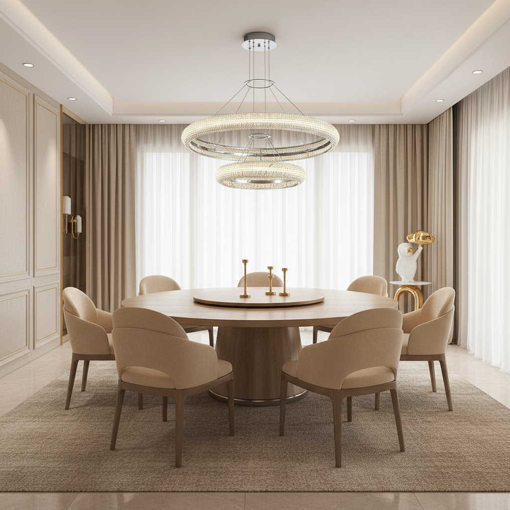 A modern dining room features a round wooden table, eight beige upholstered chairs, two gold candle holders, floor-to-ceiling curtains, a gold and white sculpture, and elegant lighting from the Ross 2-Ring Modern Chandelier by Morsale.com.