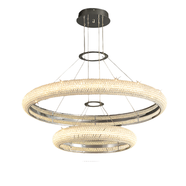 The Bergamo Modern Light Fixture from Morsale.com is a circular chandelier with dimmable LED strips. It boasts two illuminated rings of varying sizes suspended from a black ceiling mount, adorned with intricate woven metallic details that emit a warm and elegant glow.