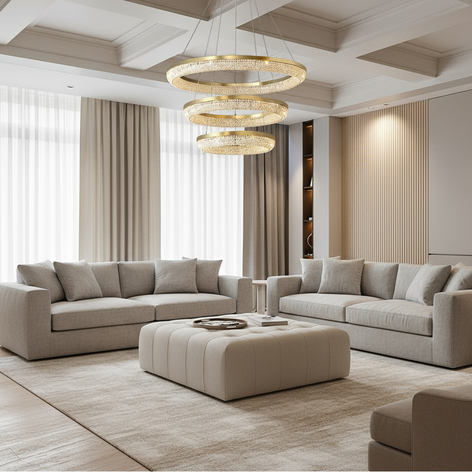 Modern living room with two beige sofas, a large square ottoman, and a neutral-toned rug. Sheer curtains cover tall windows, while the Ross Crystal Modern Chandelier by Morsale.com shines from the coffered ceiling.