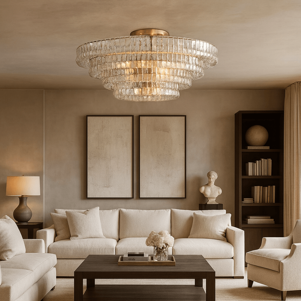 A modern living room with cream sofas, dark coffee table, decorative bust, bookshelves, and two abstract art pieces features the Morsale Riviera 35" Flush Mount chandelier with hand-cast glass shades and neutral-toned walls.