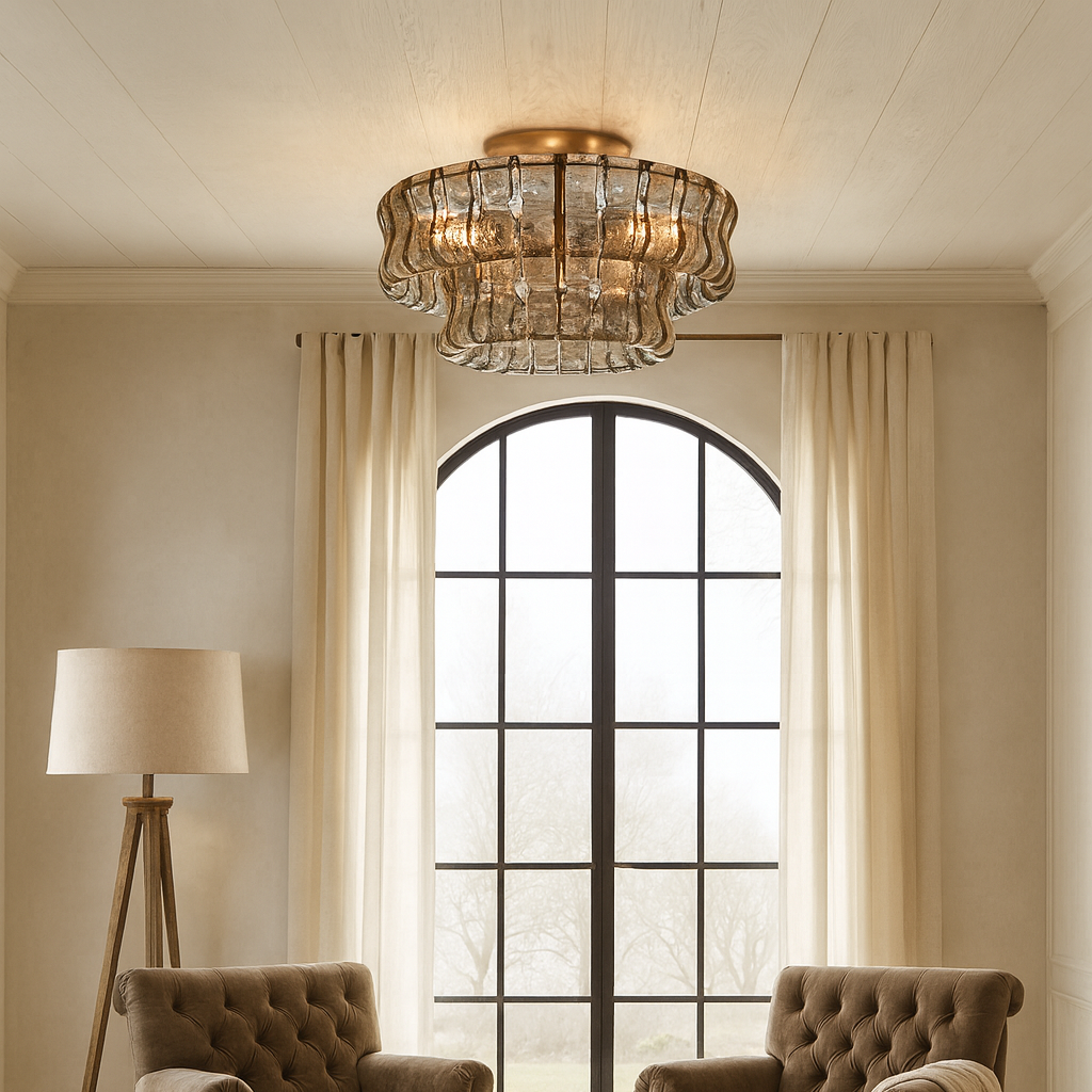 Elegant living room with two tufted armchairs, a tripod floor lamp, cream-colored curtains, and the Morsale Riviera 20" Flush Mount ceiling light replacing the glass chandelier on a white wood ceiling in front of a tall arched window.