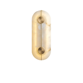 Introducing the Moonshade™ Natural Marble Wall Sconce by Morsale.com: a modern, cylindrical masterpiece featuring a frosted, marble-like finish and brass accents. This light fixture boasts a sleek, symmetrical design with two circular brass details on each end, delivering a minimalist and elegant aesthetic akin to handmade marble sconces against a white background.