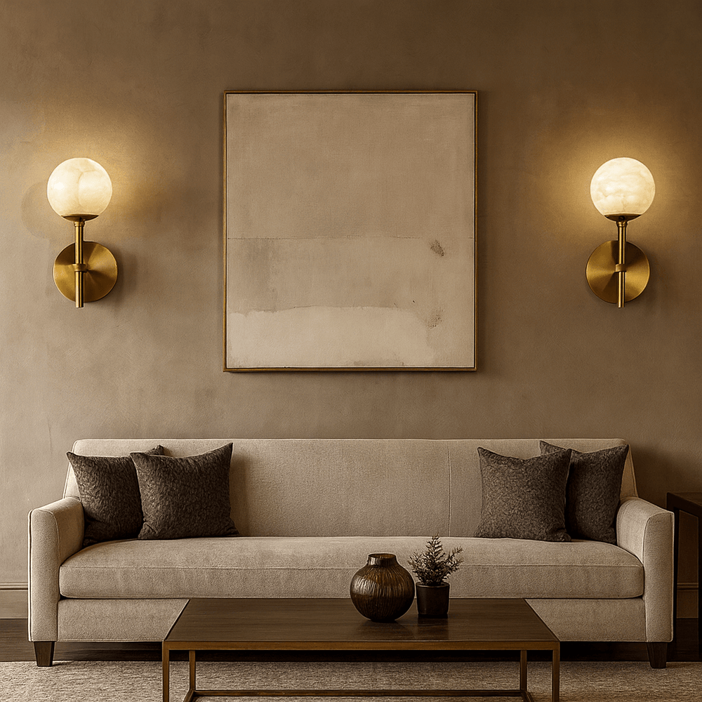 
                  
                    A modern living room with a beige sofa, four dark cushions, a wooden coffee table with two vases, a large minimalist painting, and Morsale's Aria Copper & Marble Wall Sconce illuminating the taupe wall.
                  
                