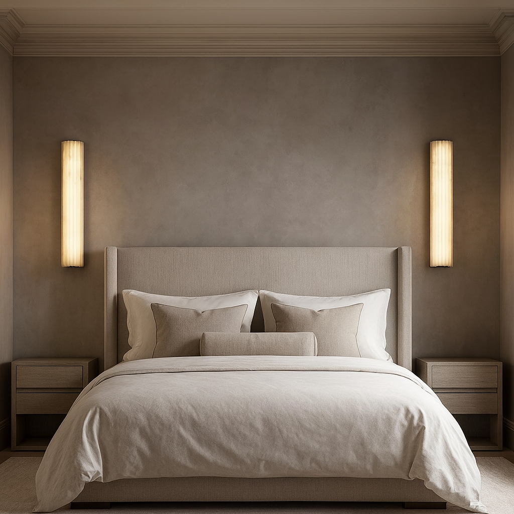 A modern, minimalist bedroom featuring a beige upholstered bed with matching pillows and duvet, two wooden nightstands, and Morsale Marlo Marble Wall Sconce 18" on each side emitting warm light. Walls are painted soft taupe.