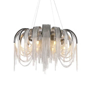 The Cadena Chain Tassel Modern Chandelier by Morsale.com features cascading silver chains inspired by cadena chain tassels and multiple exposed bulbs, creating a sophisticated and elegant lighting fixture. Perfect for home décor, it is suspended by three wires and boasts a metallic finish that enhances its contemporary design.