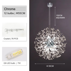 The El Sol Crystal Dandelion Lighting Fixture by Morsale.com is a chrome chandelier with 12 bulbs and a diameter of 55cm. It features 76 K9 crystals and utilizes 7W G9 LED bulbs. The stainless steel suspension length is adjustable up to 150cm. This chandelier boasts a firework-like design, with detailed descriptions of its components displayed beside it.