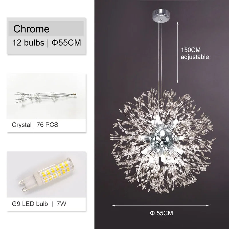 The El Sol Crystal Dandelion Lighting Fixture by Morsale.com is a chrome chandelier with 12 bulbs and a diameter of 55cm. It features 76 K9 crystals and utilizes 7W G9 LED bulbs. The stainless steel suspension length is adjustable up to 150cm. This chandelier boasts a firework-like design, with detailed descriptions of its components displayed beside it.