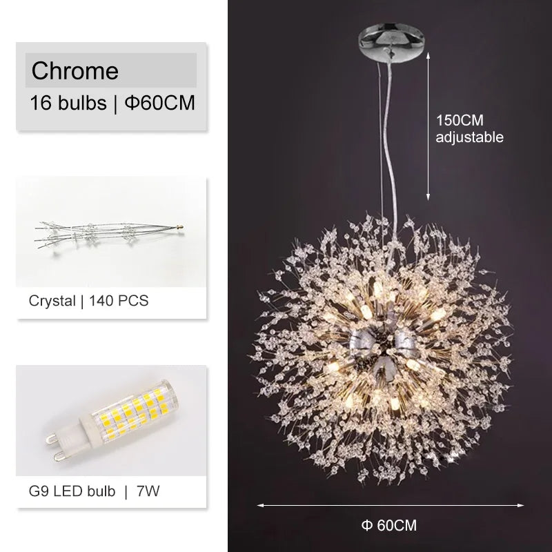 The El Sol Crystal Dandelion Lighting Fixture by Morsale.com is a modern chrome chandelier with a starburst design, featuring 16 bulbs and 140 K9 crystal pieces. The hanging height is adjustable up to 150 cm. It includes G9 LED bulbs rated at 7W each and has a diameter of 60 cm.