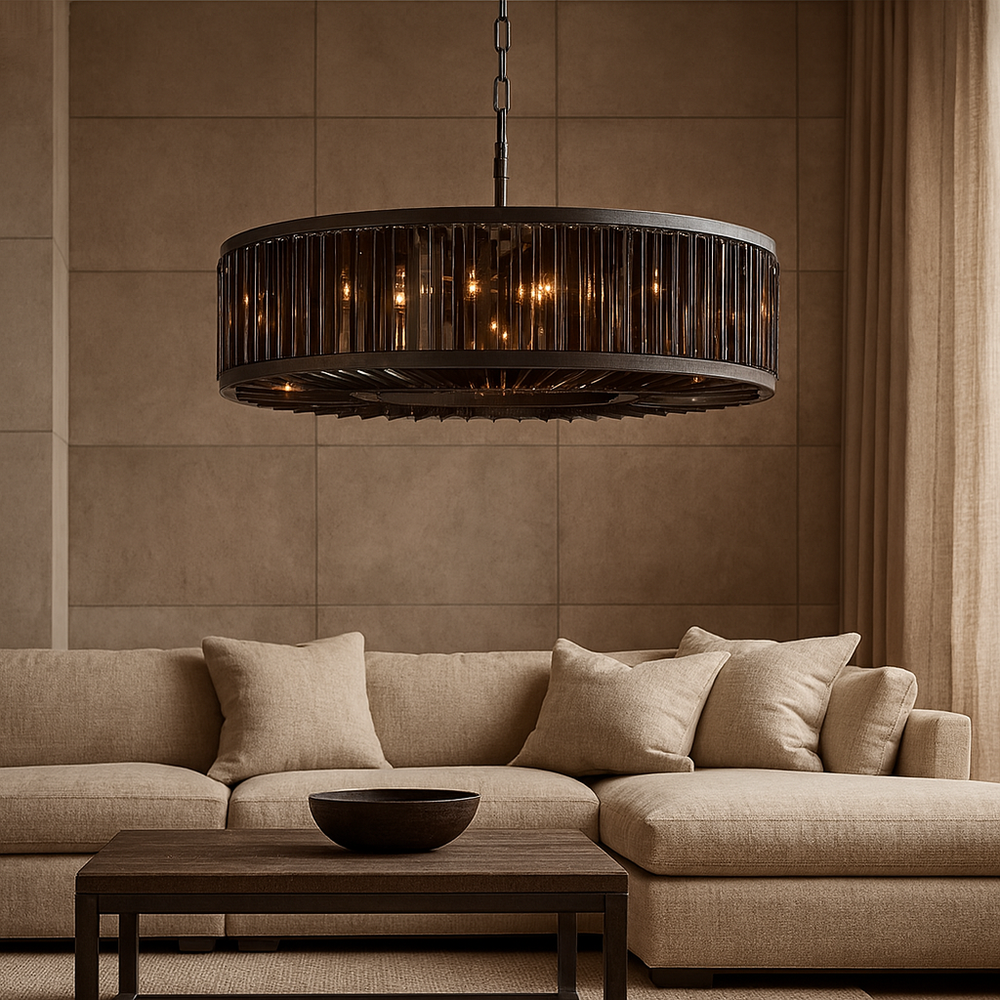 A modern living room with a beige sectional sofa, wooden coffee table, and the Gio Crystal Modern Chandelier by Morsale.com. Neutral-toned walls and curtains, paired with the chandelier, create a cozy atmosphere.