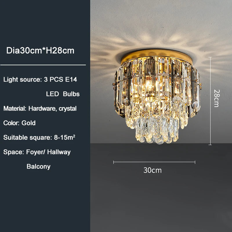 The Morsale.com Giano Ceiling Light Fixture features a gold ceiling chandelier with handmade crystal accents. It uses three E14 LED bulbs and measures 30cm in diameter and 28cm in height. Suitable for spaces of 8-15m², this flush mount light is perfect for foyers, hallways, or balconies.